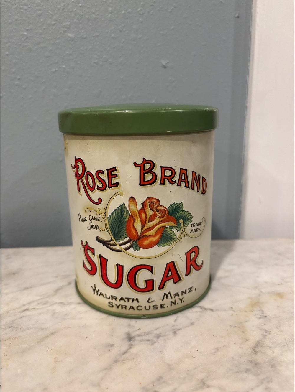 Vintage Rose Brand Sugar Tin Canister with Green Lid